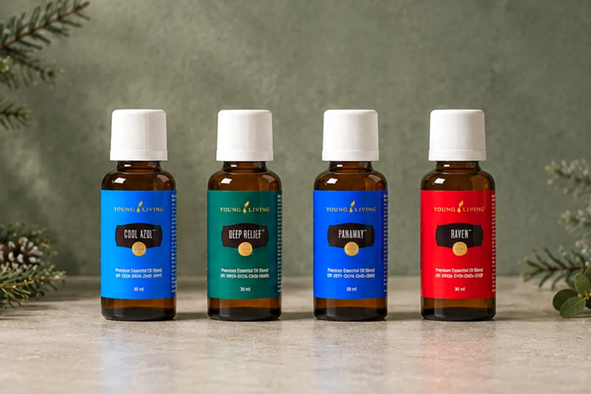 Cuatro frascos de 30 ml de Young Living: Cool Azul, Deep Relief, PanAway y Raven