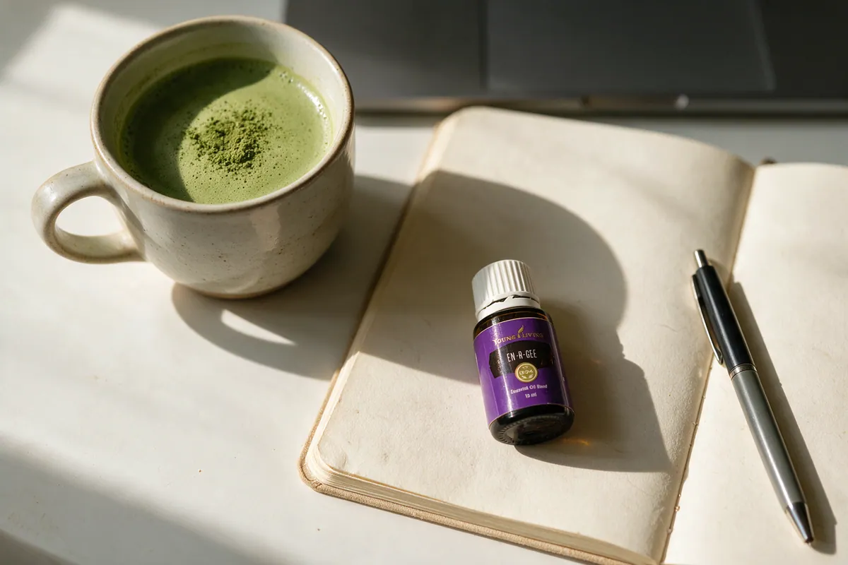 El En-R-Gee junto a una taza de matcha y un cuaderno abierto en el escritorio