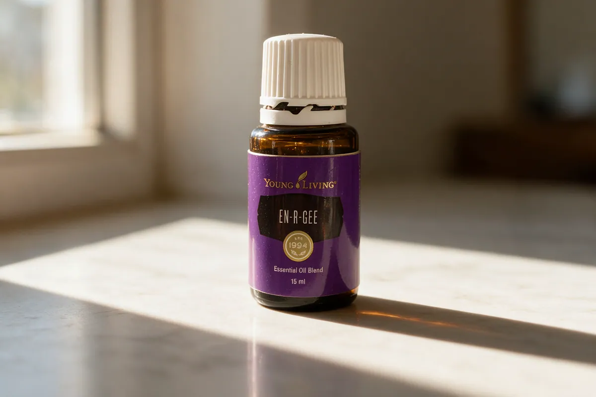 Frasco de En-R-Gee de Young Living sobre mármol claro con luz de ventana