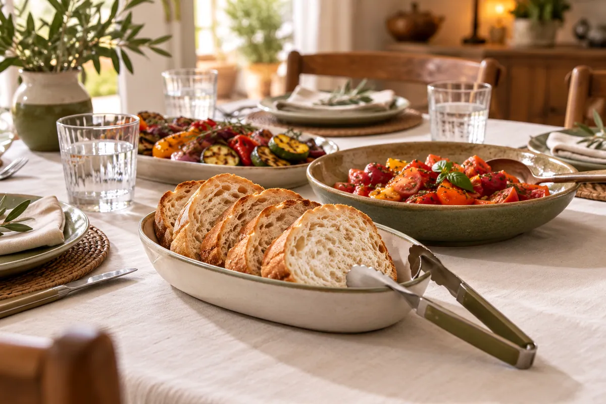 Mesa puesta con rebanadas de pan y pinzas, ensalada de tomate y verduras asadas
