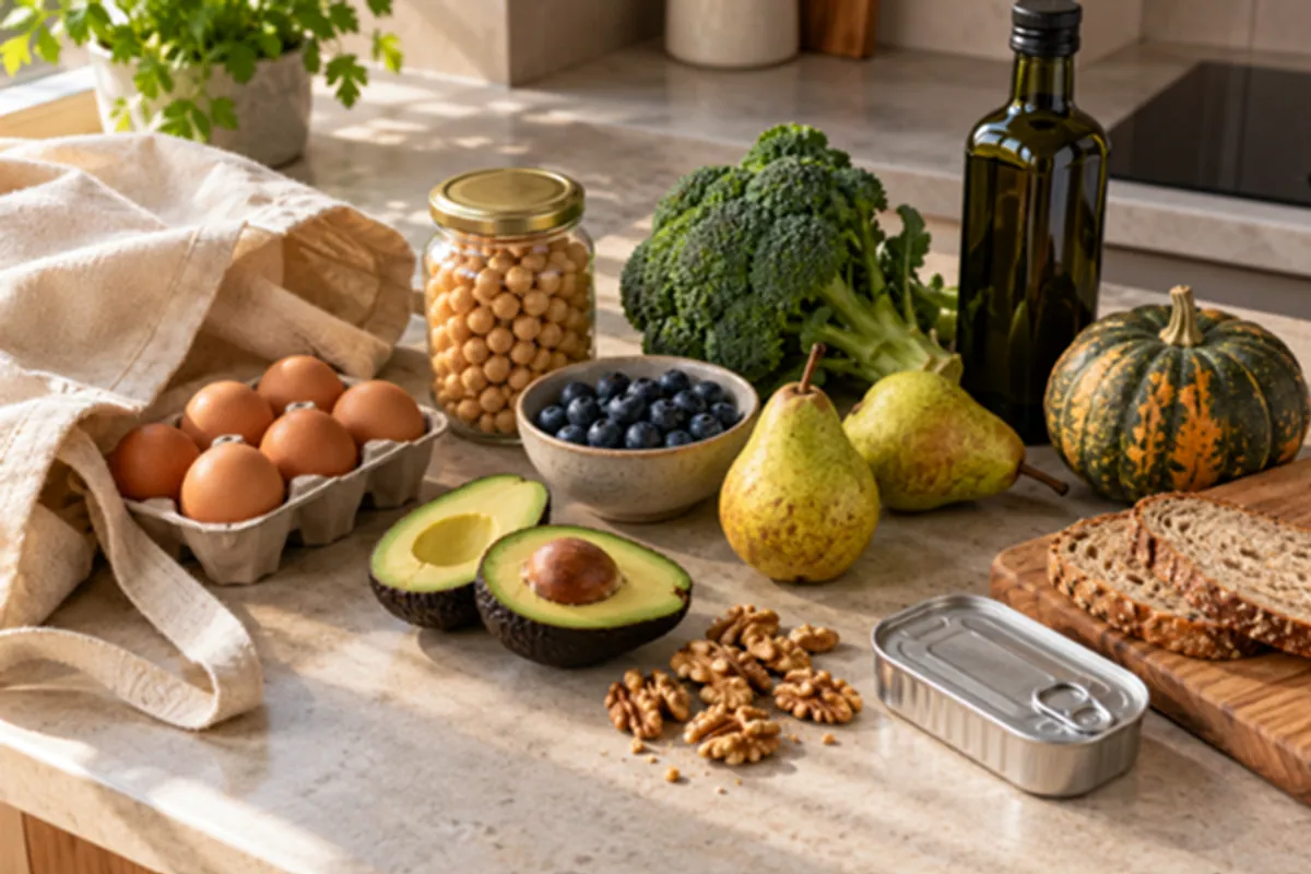 Huevos, garbanzos, brócoli, aguacate, nueces, peras, arándanos y sardinas sobre una encimera