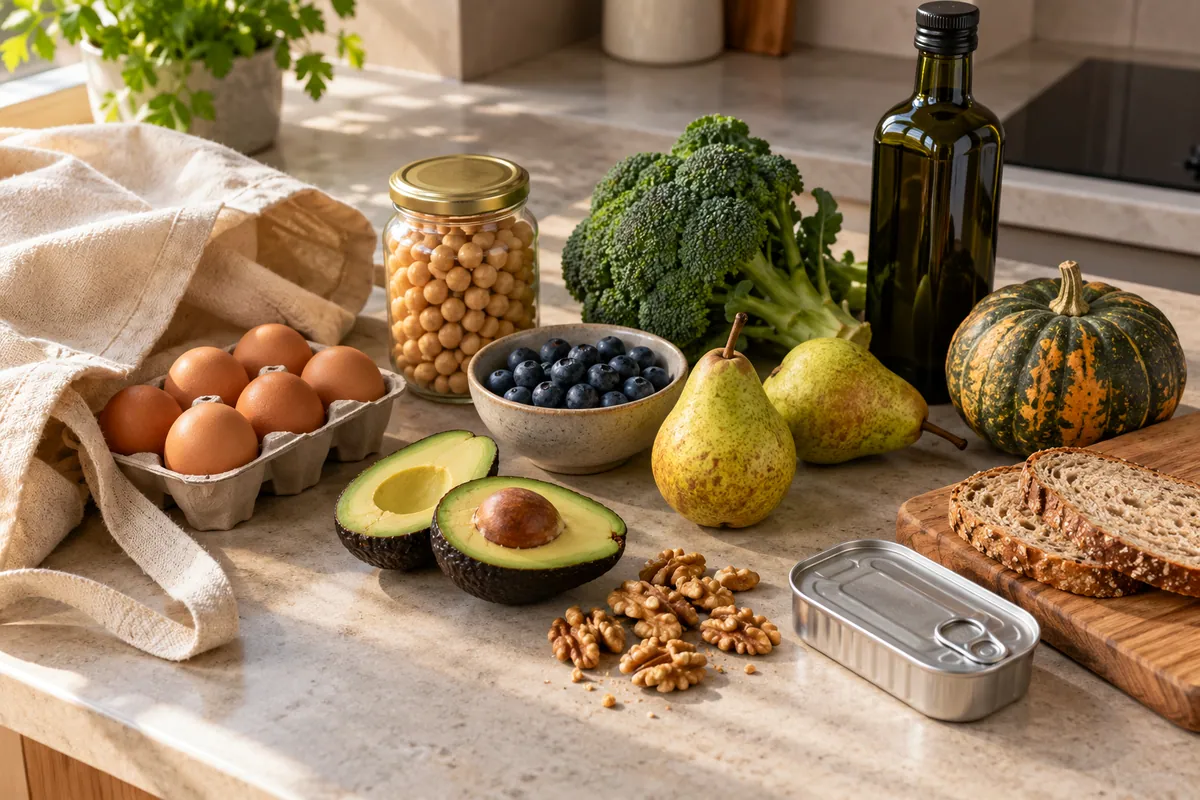 Cesta de la compra con huevos, verdura, fruta, frutos secos y aceite de oliva en una cocina