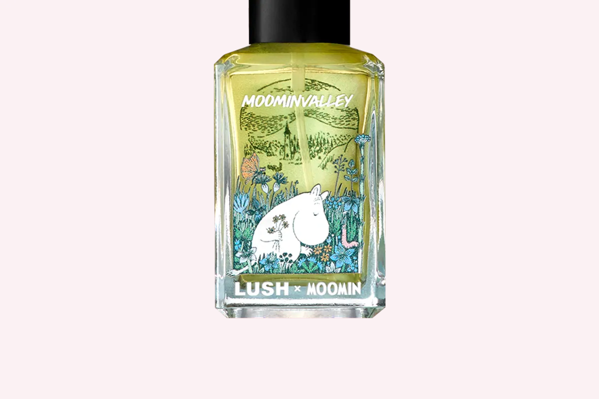 Perfume Moominvalley de Lush con ilustración de los Moomin en el frasco