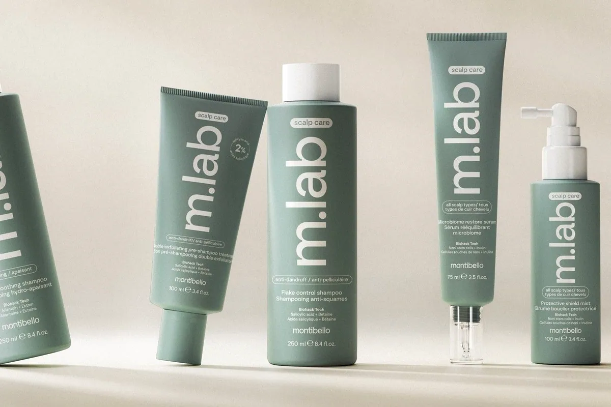 Los seis productos de la gama m.lab scalp de Montibello alineados sobre fondo claro