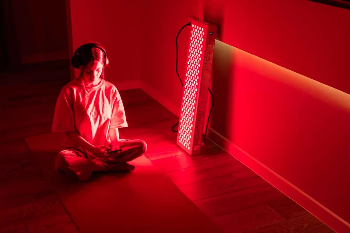 Mujer sentada en el suelo frente a un panel de luz roja encendido