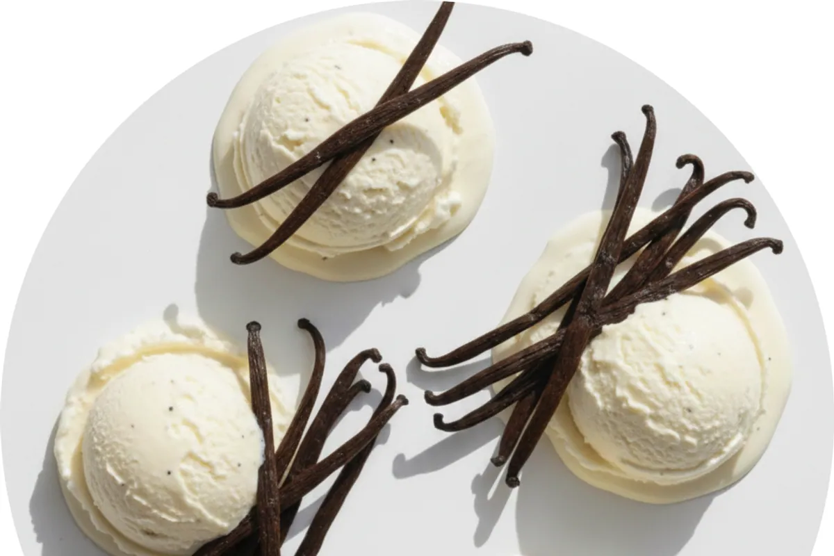 Bolas de helado de vainilla con vainas de vainilla encima